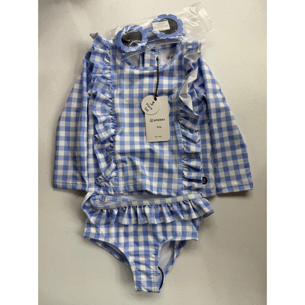 Sperry‎ Baby Girls 3 Piece Gingham Rash Guard Swimsuit Set with Sunglasses 12M